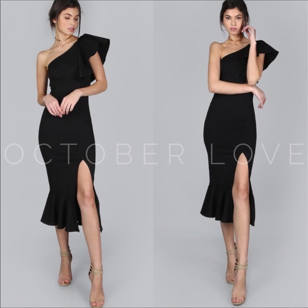 Lexi Shoulder Ruffle Black Midi Dress ๐น - Picture 2 of 3